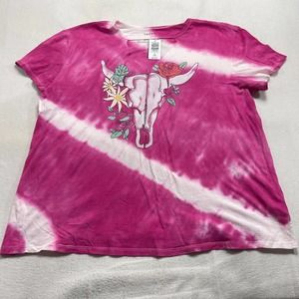 Torrid Top Womens Size 2X 2 Pink Tye Dye Western Bull Skull Short Sleeve Shirt